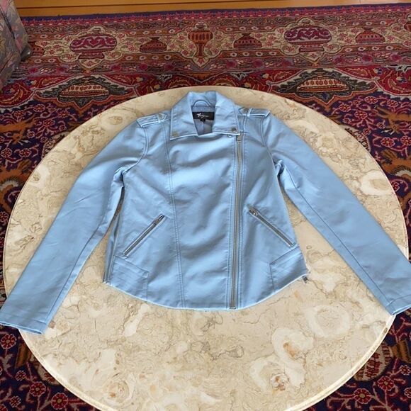 Thyme Maternity & After Baby Blue Faux Leather Motorcycle Jacket - Picture 12 of 16